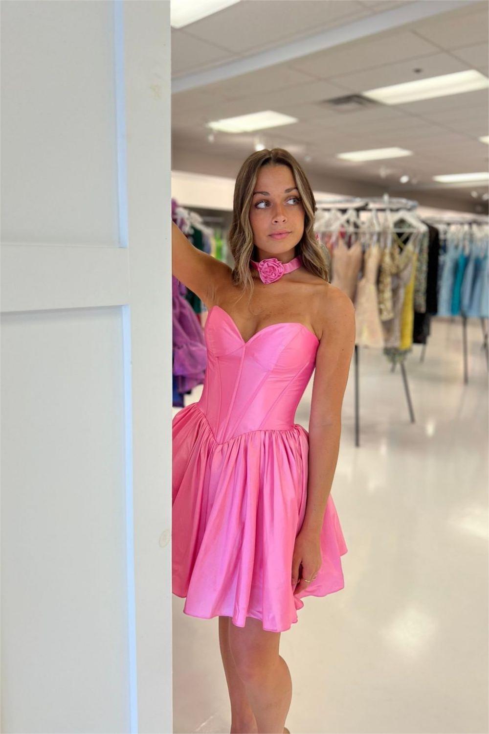 Luolandi A Line Pink Corset Strapless Short Homecoming Dress Off Shoulder Party Dress